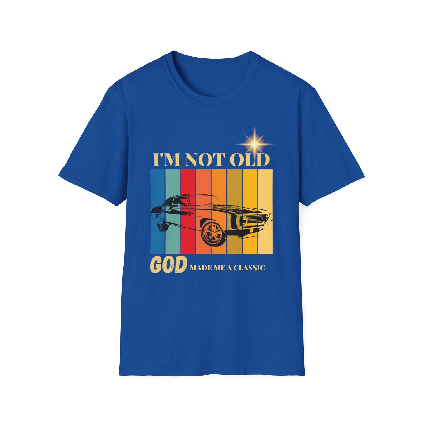 Vintage Muscle Car T‑Shirt — "I’m Not Old, God Made Me A Classic" Retro Stripes