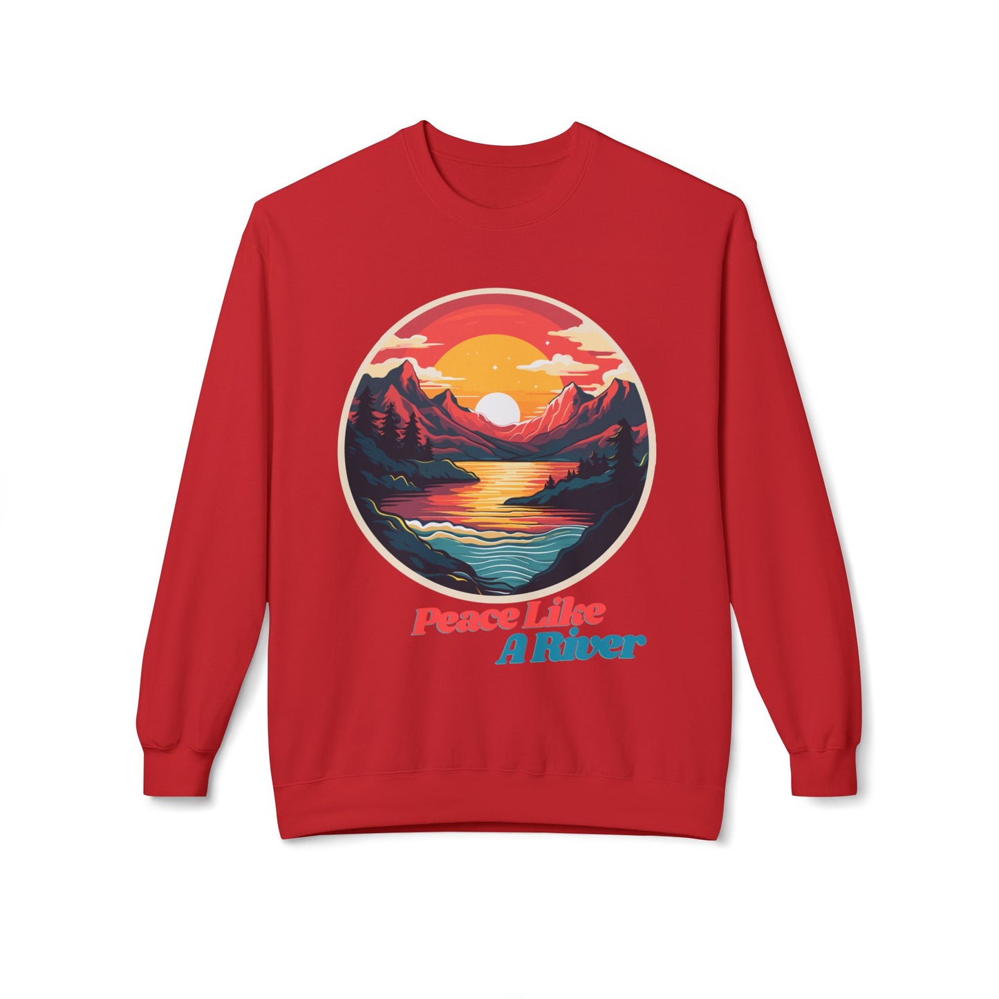 Peace Like a River Crewneck Sweatshirt — Sunset Mountain River Graphic