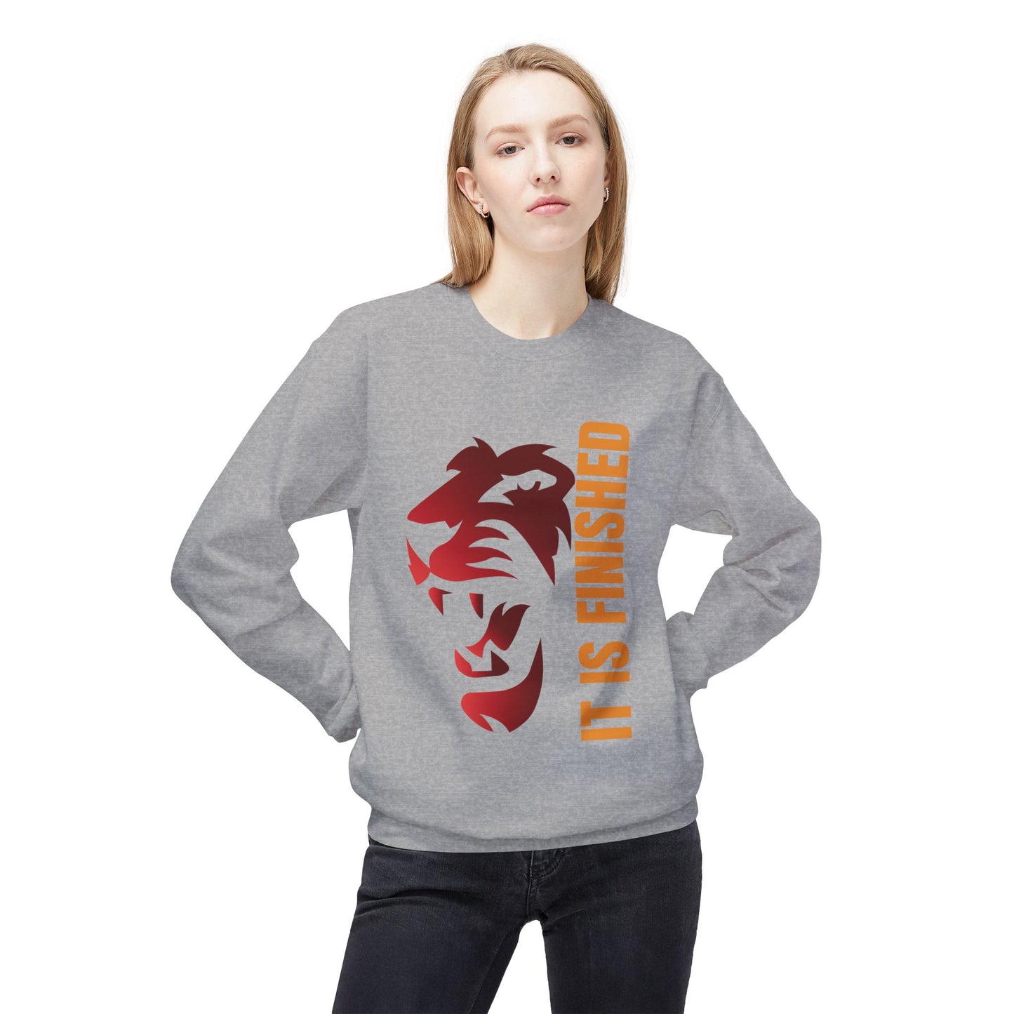 Tiger Face Crewneck Sweatshirt — Bold 'It Is Finished' Vertical Text