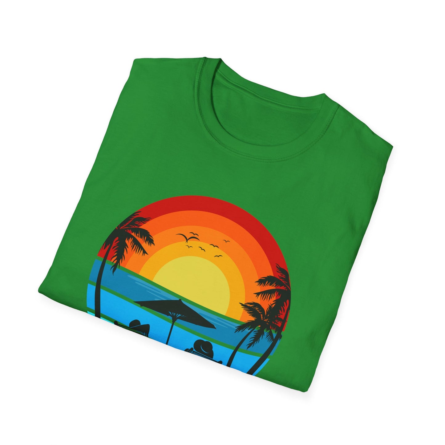 T-Shirt with Tropical Sunset Design, Relaxing Tee, Perfect for Beach Lovers, Great Gift for Vacations, Ideal for Summer Casual Wear