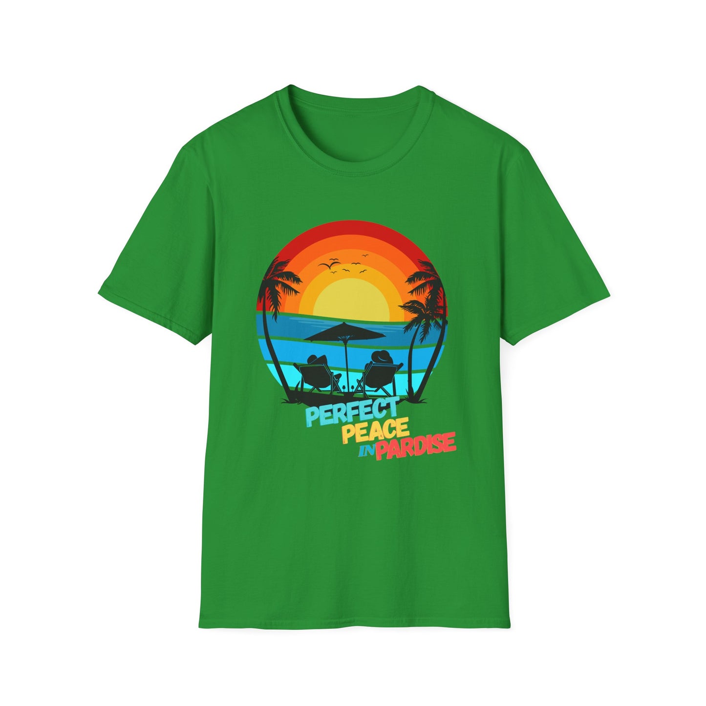 T-Shirt with Tropical Sunset Design, Relaxing Tee, Perfect for Beach Lovers, Great Gift for Vacations, Ideal for Summer Casual Wear