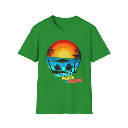 T-Shirt with Tropical Sunset Design, Relaxing Tee, Perfect for Beach Lovers, Great Gift for Vacations, Ideal for Summer Casual Wear