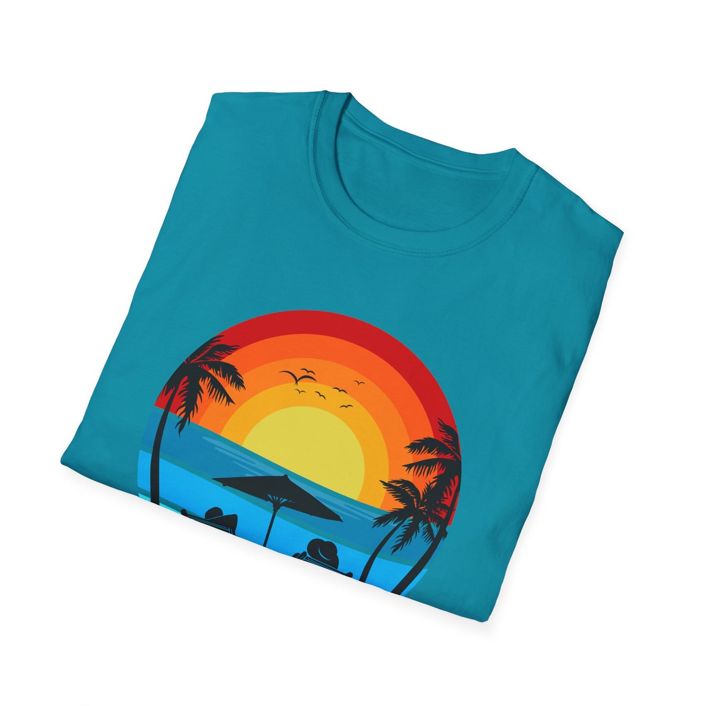 T-Shirt with Tropical Sunset Design, Relaxing Tee, Perfect for Beach Lovers, Great Gift for Vacations, Ideal for Summer Casual Wear
