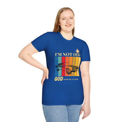 Vintage Muscle Car T‑Shirt — "I’m Not Old, God Made Me A Classic" Retro Stripes