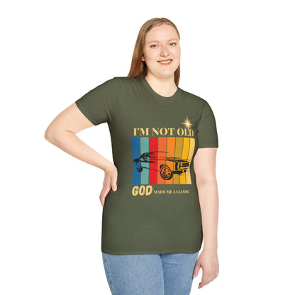 Vintage Muscle Car T‑Shirt — "I’m Not Old, God Made Me A Classic" Retro Stripes
