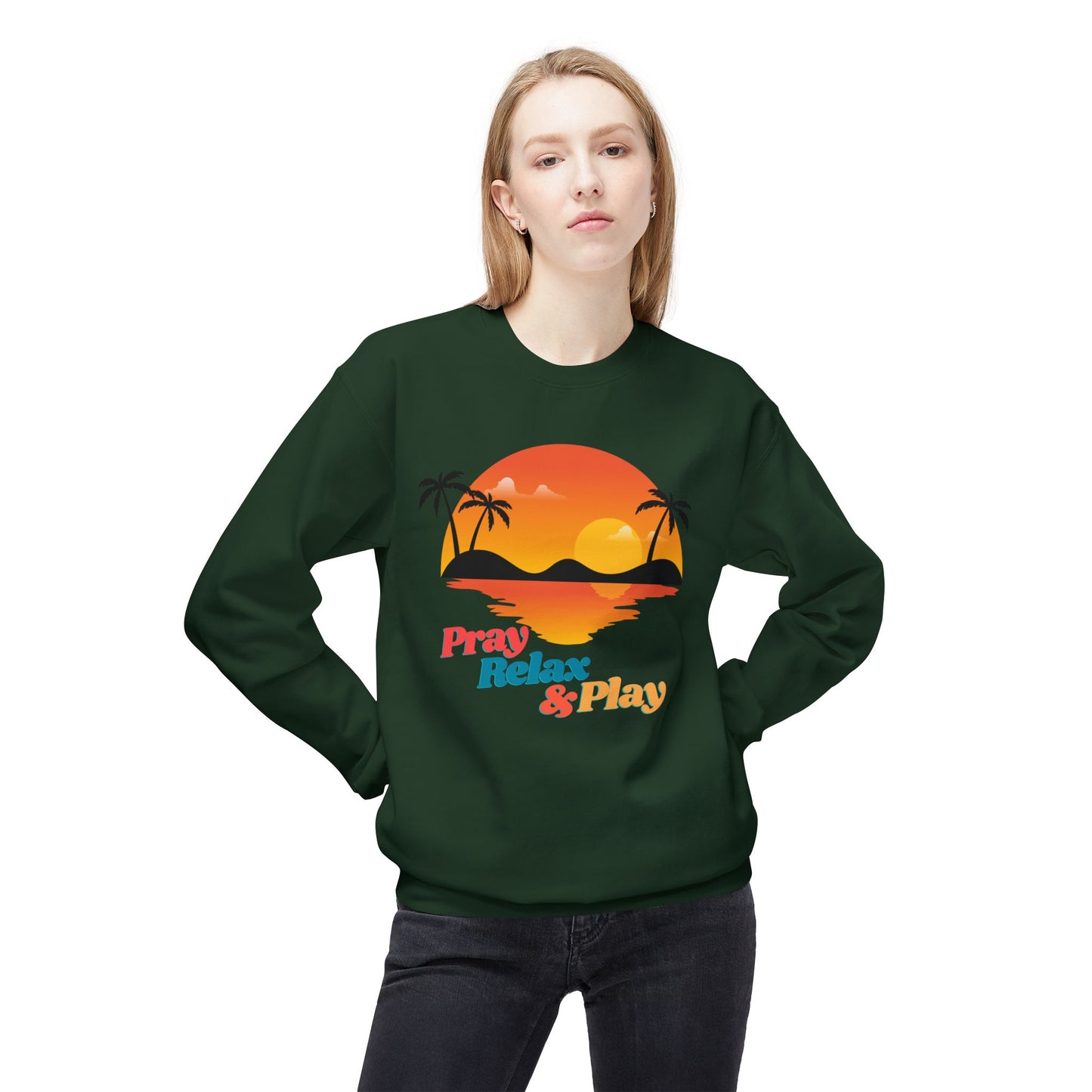 Pray Relax & Play Crewneck Sweatshirt — Retro Tropical Sunset