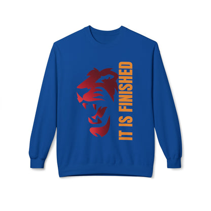 Tiger Face Crewneck Sweatshirt — Bold 'It Is Finished' Vertical Text