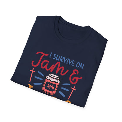 Jam & Jesus T-Shirt — I Survive on Jam & Jesus Christian Faith Tee
