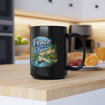 Peace Like a River Black Mug — Scenic River Boat Coffee Cup (11oz & 15oz)