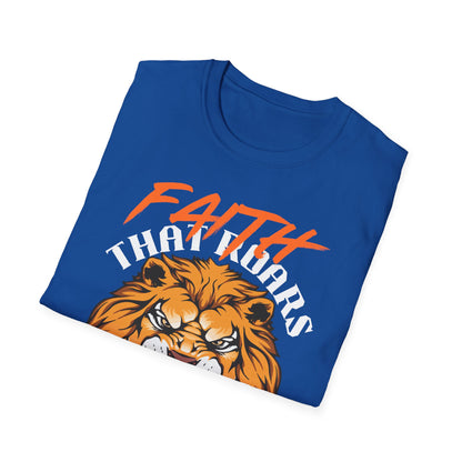 Faith That Roars Unisex Softstyle T-Shirt - Bold Lion Design for Inspiration
