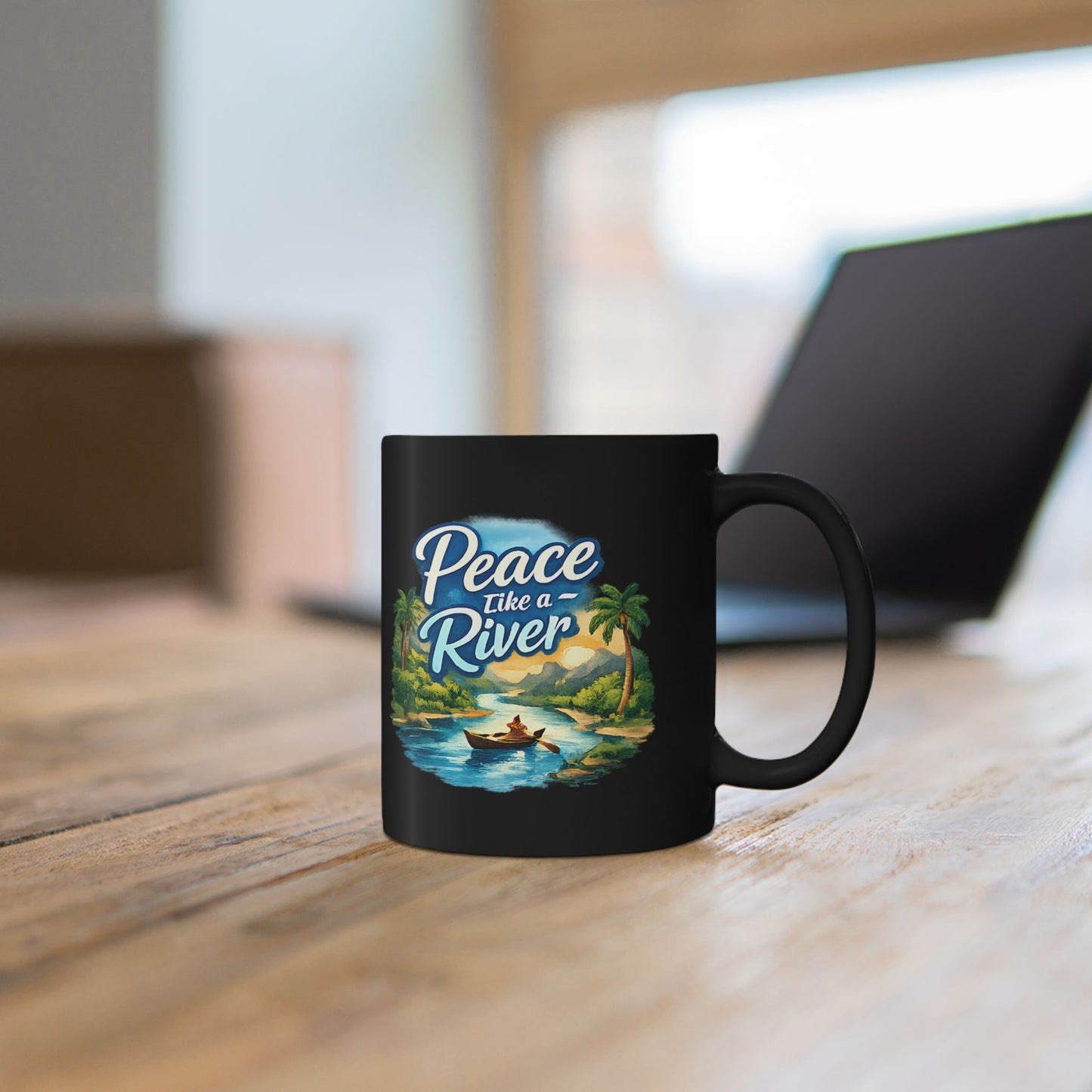 Peace Like a River Black Mug — Scenic River Boat Coffee Cup (11oz & 15oz)