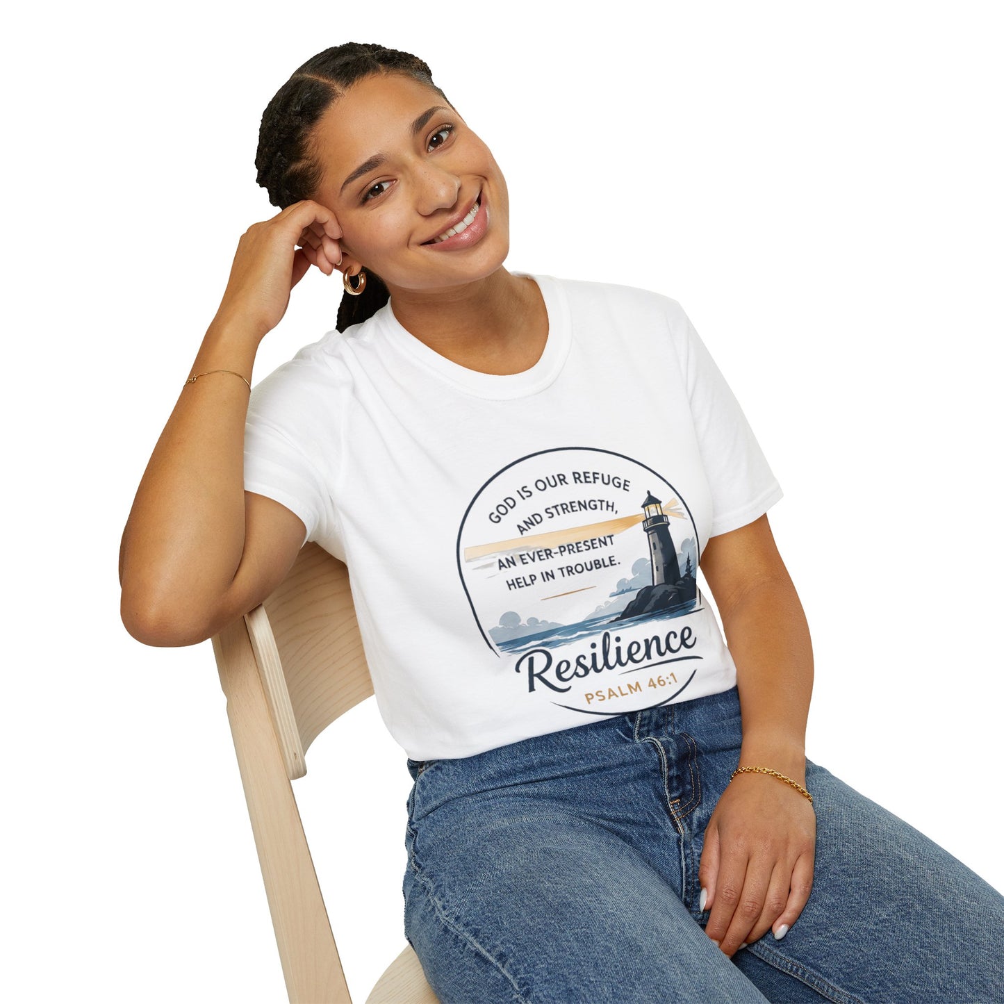 Resilience Lighthouse T-Shirt — Psalm 46:1 Inspirational Christian Tee