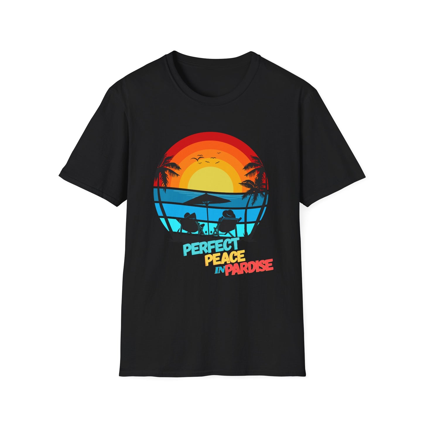 T-Shirt with Tropical Sunset Design, Relaxing Tee, Perfect for Beach Lovers, Great Gift for Vacations, Ideal for Summer Casual Wear
