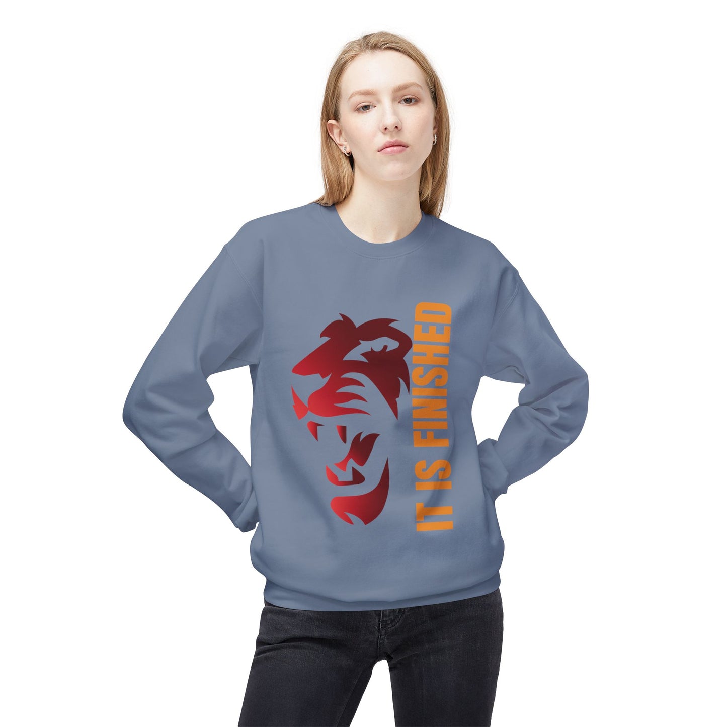 Tiger Face Crewneck Sweatshirt — Bold 'It Is Finished' Vertical Text
