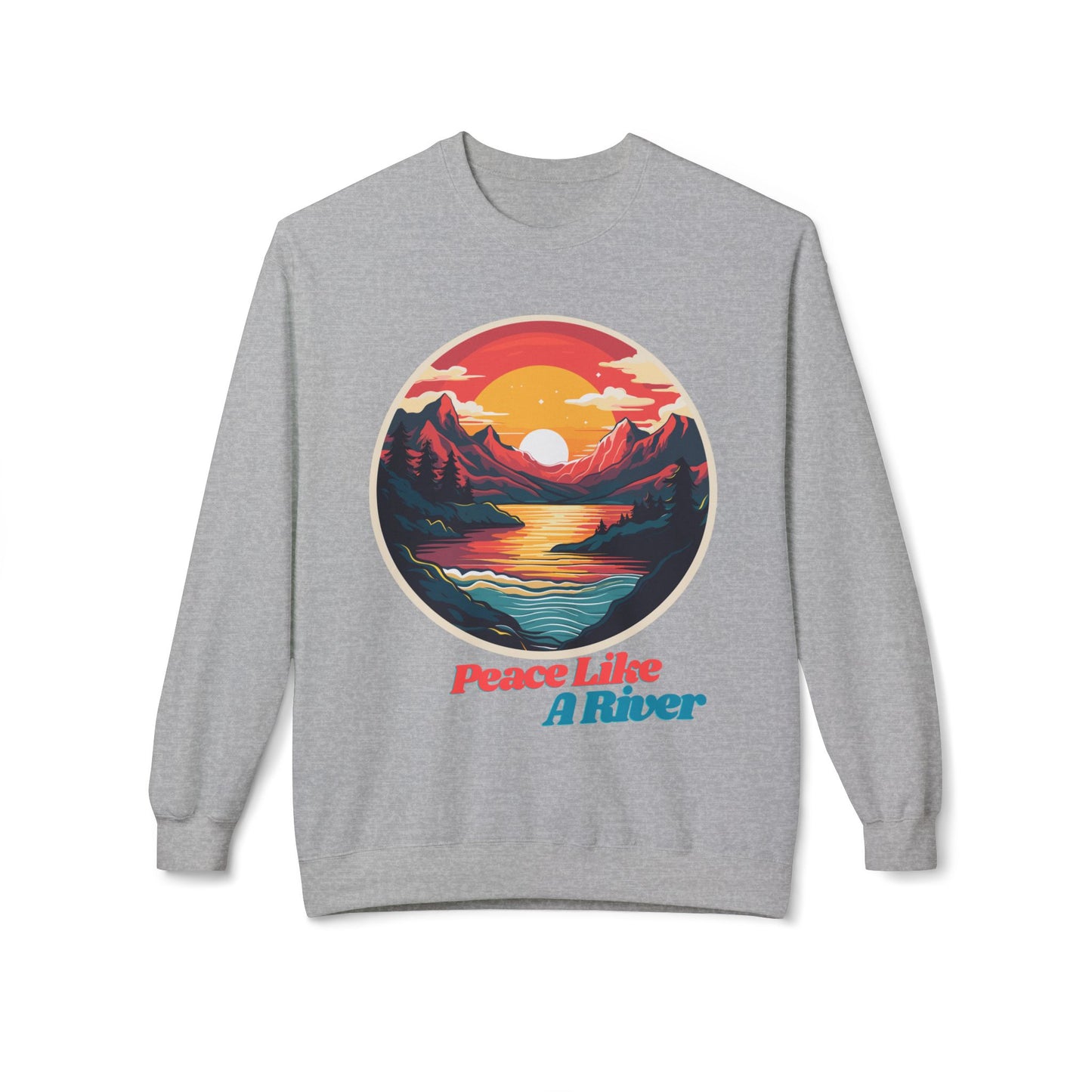Peace Like a River Crewneck Sweatshirt — Sunset Mountain River Graphic