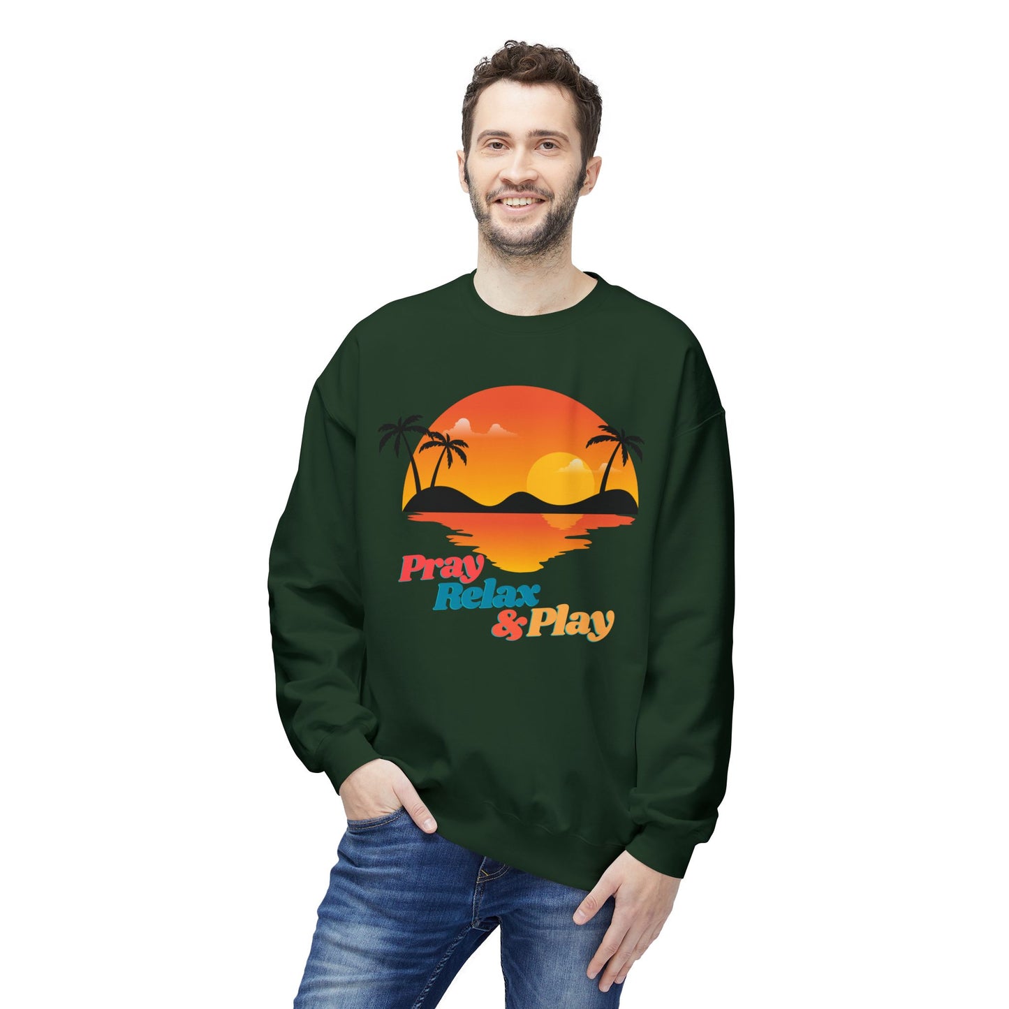 Pray Relax & Play Crewneck Sweatshirt — Retro Tropical Sunset