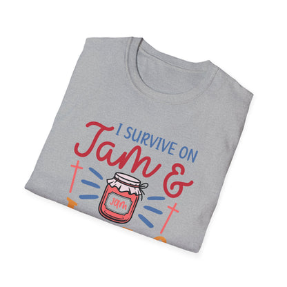 Jam & Jesus T-Shirt — I Survive on Jam & Jesus Christian Faith Tee