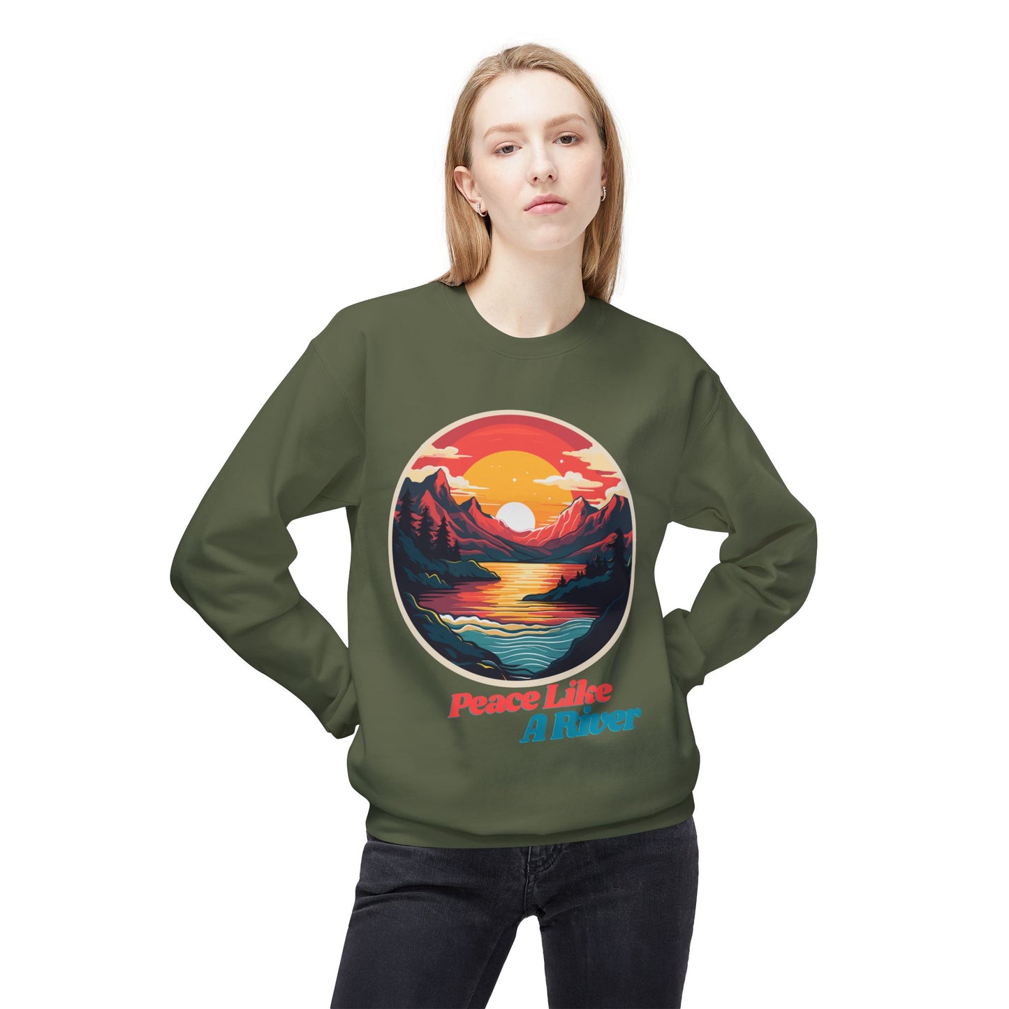 Peace Like a River Crewneck Sweatshirt — Sunset Mountain River Graphic