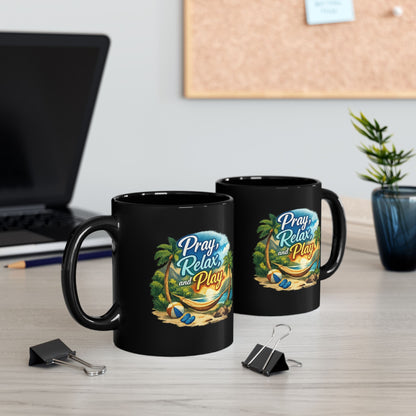 Pray Relax and Play Mug — Tropical Beach Christian Coffee Cup (11oz/15oz)