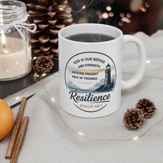 Resilience Lighthouse Ceramic Mug (11oz/15oz) — Inspirational Coastal Coffee Cup