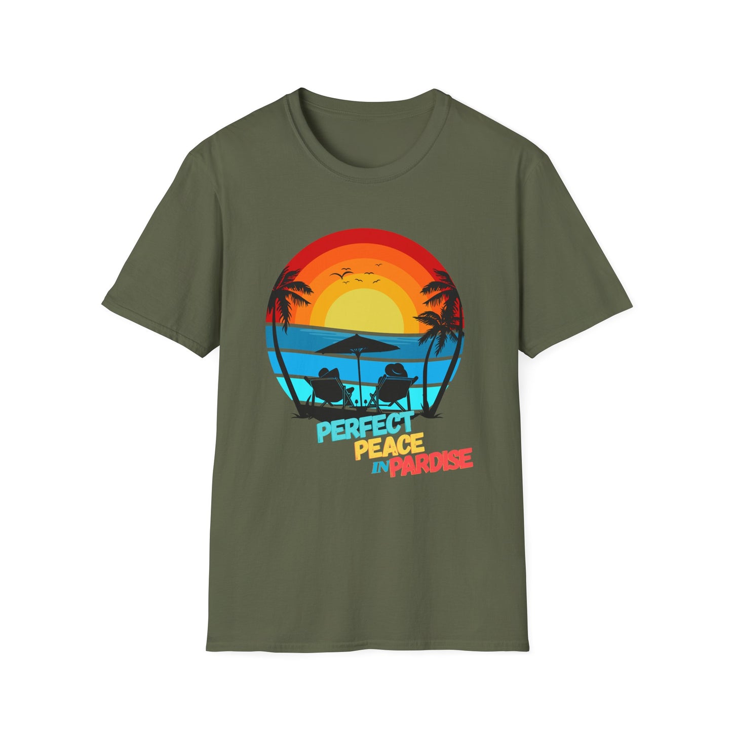 T-Shirt with Tropical Sunset Design, Relaxing Tee, Perfect for Beach Lovers, Great Gift for Vacations, Ideal for Summer Casual Wear