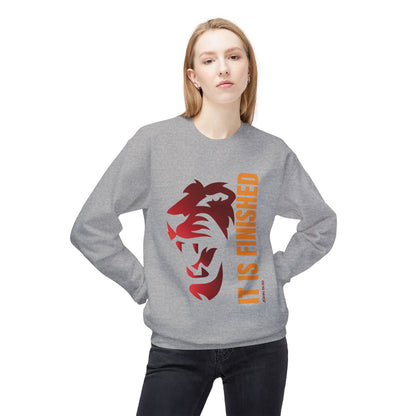 Tiger Face Crewneck Sweatshirt — Bold 'It Is Finished' Vertical Text