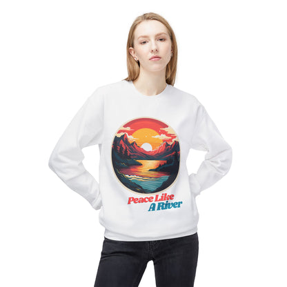 Peace Like a River Crewneck Sweatshirt — Sunset Mountain River Graphic