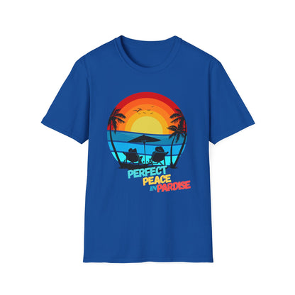 T-Shirt with Tropical Sunset Design, Relaxing Tee, Perfect for Beach Lovers, Great Gift for Vacations, Ideal for Summer Casual Wear