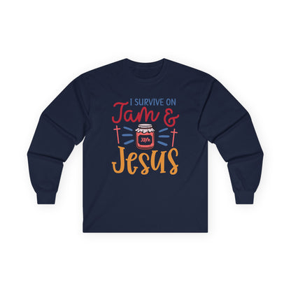 Long Sleeve Tee — "I Survive on Jam & Jesus" Christian Jam Lover Shirt