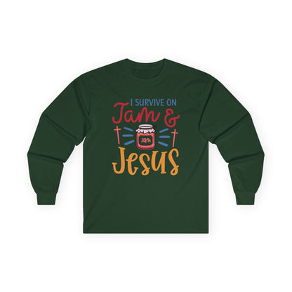 Long Sleeve Tee — "I Survive on Jam & Jesus" Christian Jam Lover Shirt