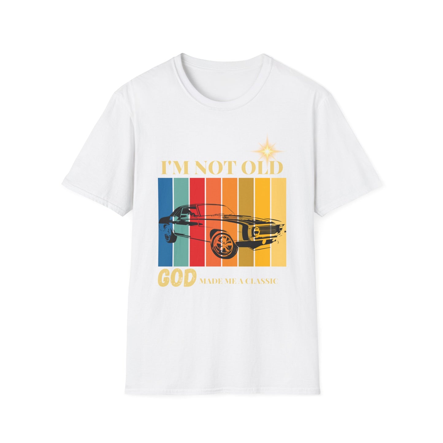 Vintage Muscle Car T‑Shirt — "I’m Not Old, God Made Me A Classic" Retro Stripes