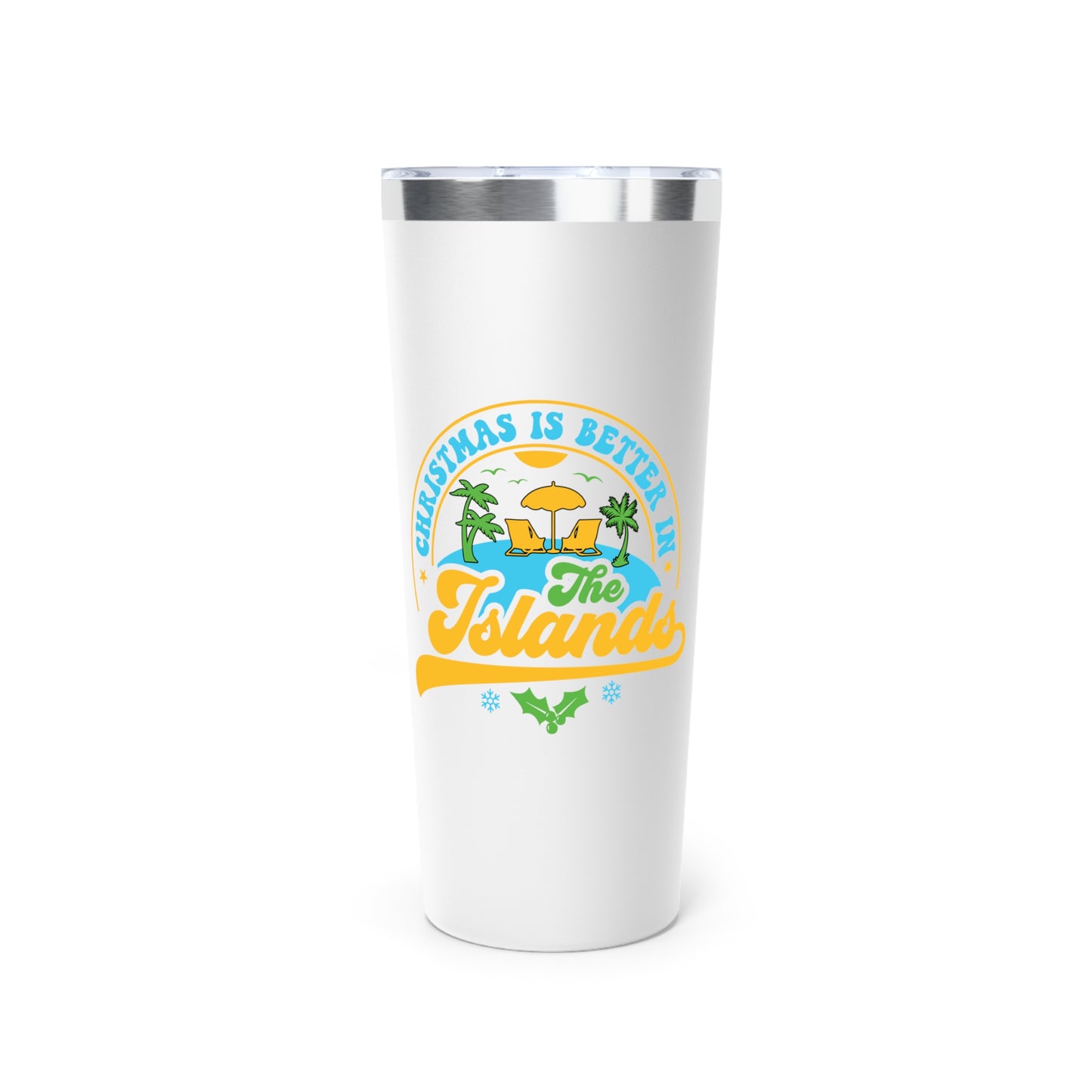 White tumbler with tropical design and text on a white background