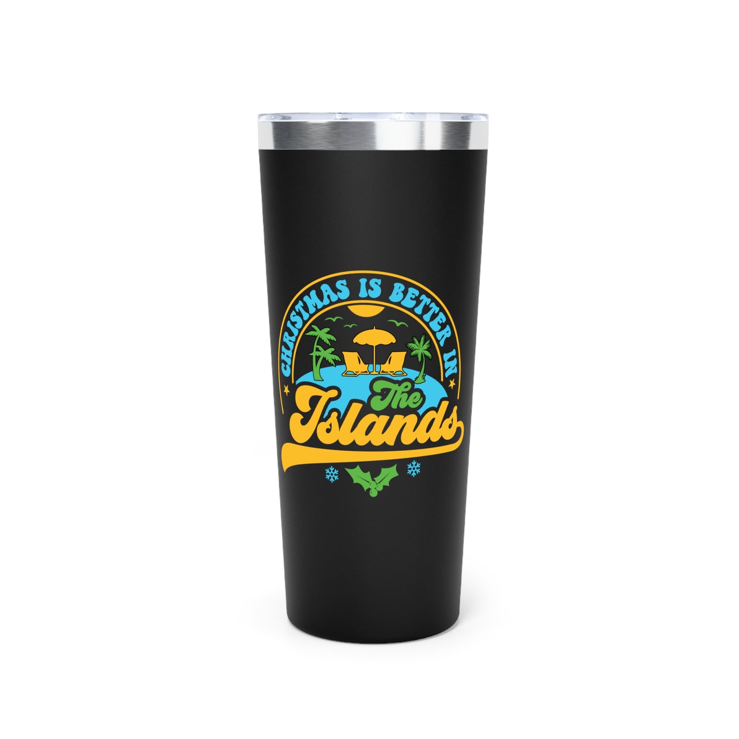 Black tumbler with a tropical design and text on a white background