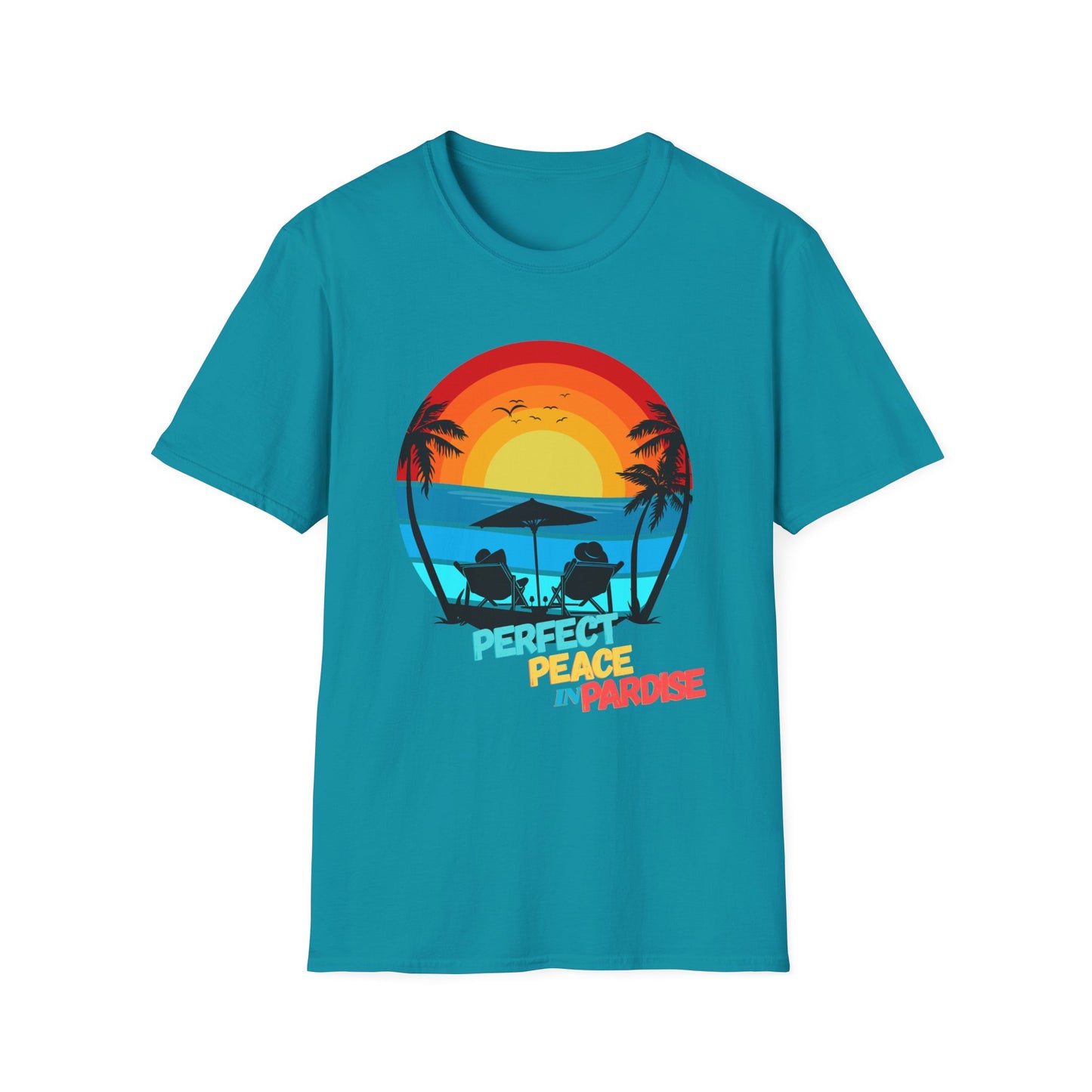 T-Shirt with Tropical Sunset Design, Relaxing Tee, Perfect for Beach Lovers, Great Gift for Vacations, Ideal for Summer Casual Wear