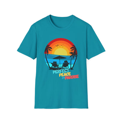 T-Shirt with Tropical Sunset Design, Relaxing Tee, Perfect for Beach Lovers, Great Gift for Vacations, Ideal for Summer Casual Wear