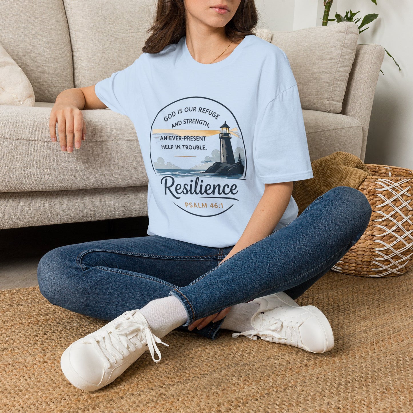 Resilience Lighthouse T-Shirt — Psalm 46:1 Inspirational Christian Tee