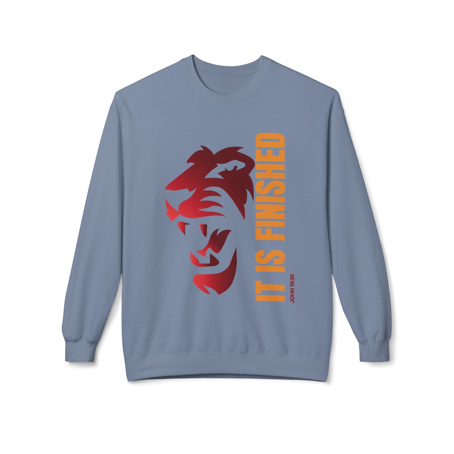 Tiger Face Crewneck Sweatshirt — Bold 'It Is Finished' Vertical Text