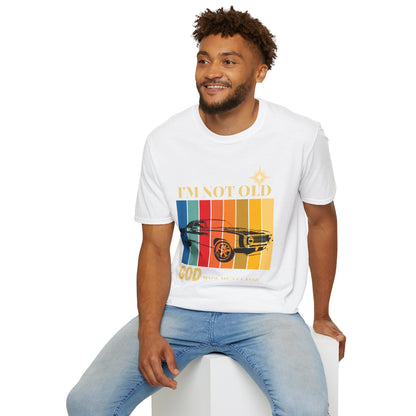 Vintage Muscle Car T‑Shirt — "I’m Not Old, God Made Me A Classic" Retro Stripes