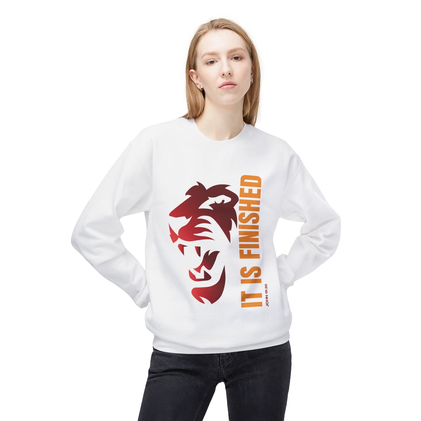 Tiger Face Crewneck Sweatshirt — Bold 'It Is Finished' Vertical Text