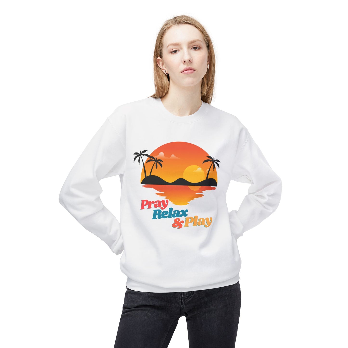 Pray Relax & Play Crewneck Sweatshirt — Retro Tropical Sunset