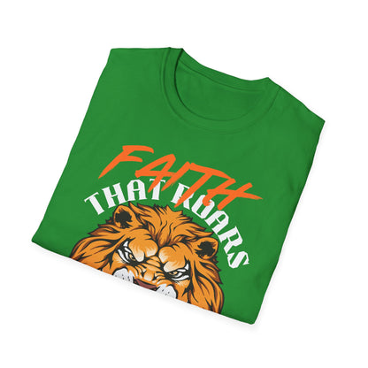 Faith That Roars Unisex Softstyle T-Shirt - Bold Lion Design for Inspiration