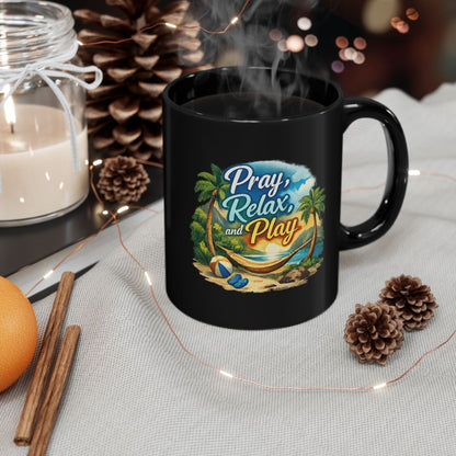 Pray Relax and Play Mug — Tropical Beach Christian Coffee Cup (11oz/15oz)