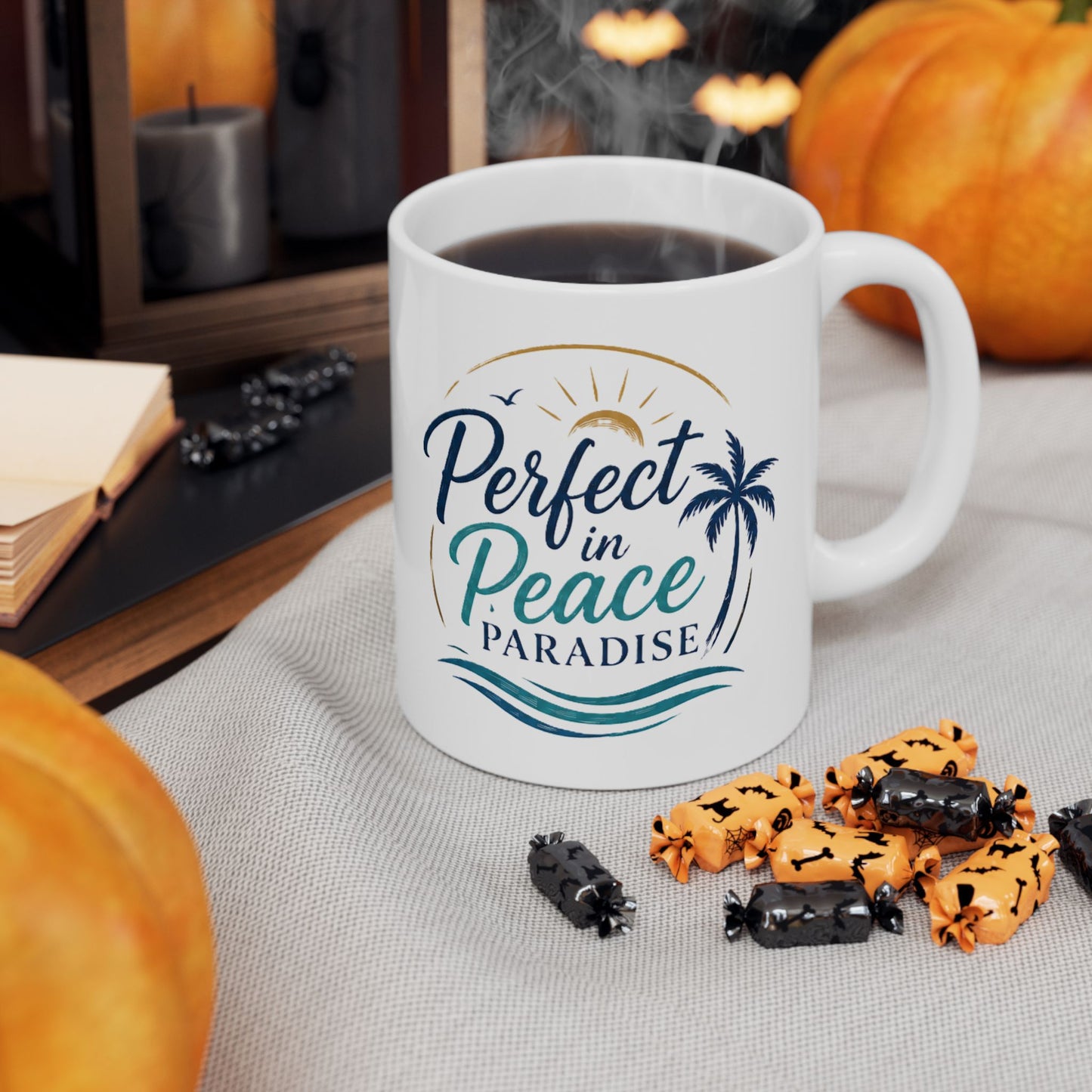 Palm Paradise Ceramic Mug - "Peace, Love, Paradise" Beach Coffee Cup (11oz/15oz)