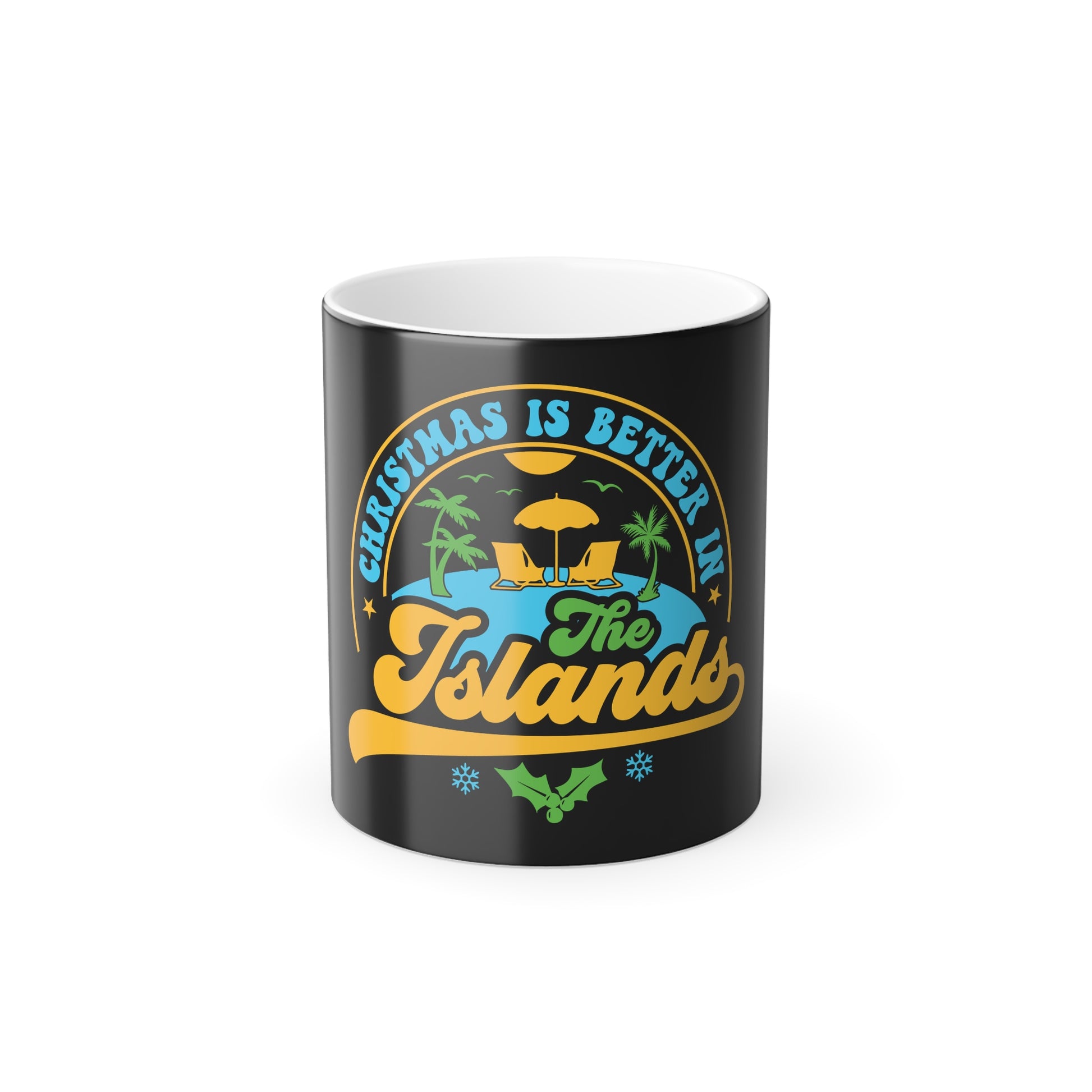 Black mug with tropical design and text 'Christmas is better in the islands' on a white background