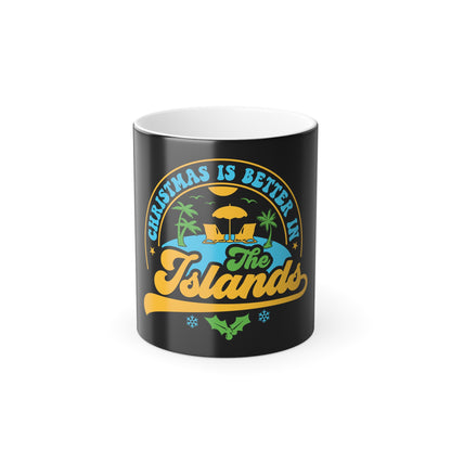 Black mug with tropical design and text 'Christmas is better in the islands' on a white background