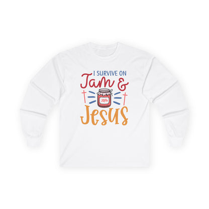 Long Sleeve Tee — "I Survive on Jam & Jesus" Christian Jam Lover Shirt