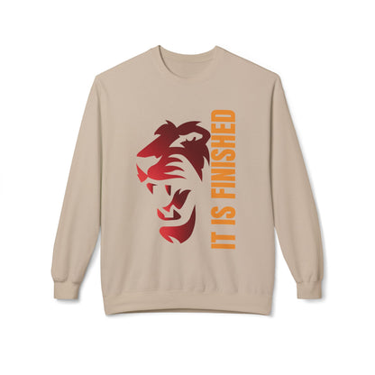 Tiger Face Crewneck Sweatshirt — Bold 'It Is Finished' Vertical Text