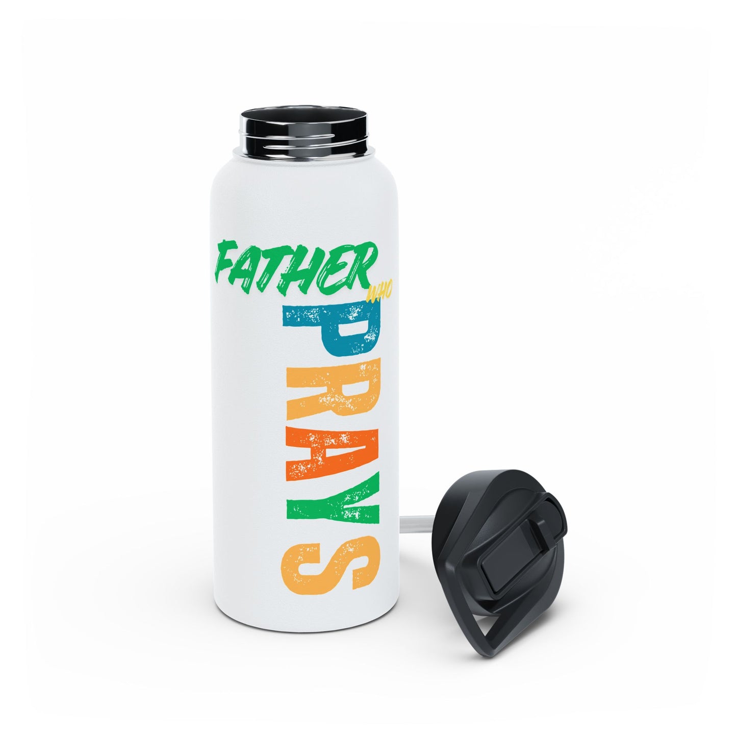 Water Bottle — "Father Prays" Colorful Vertical Faith Design