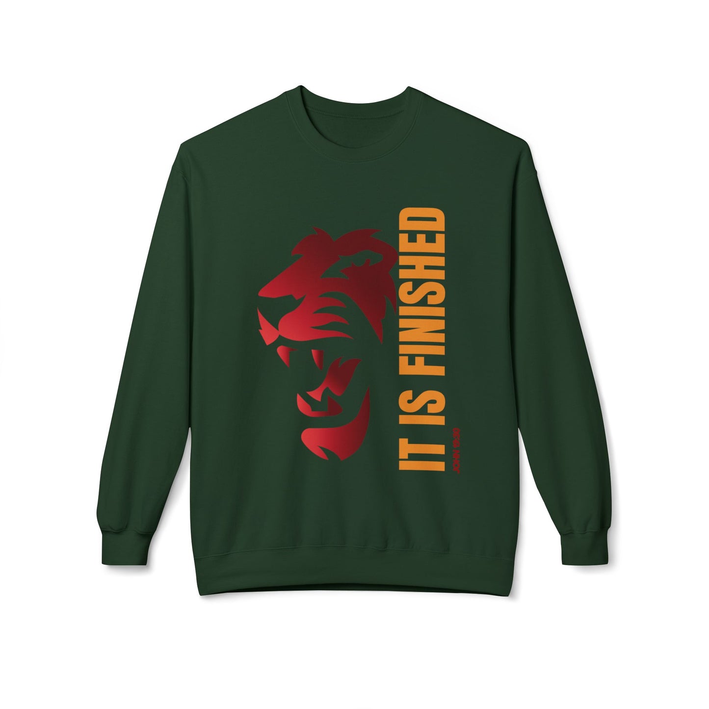 Tiger Face Crewneck Sweatshirt — Bold 'It Is Finished' Vertical Text