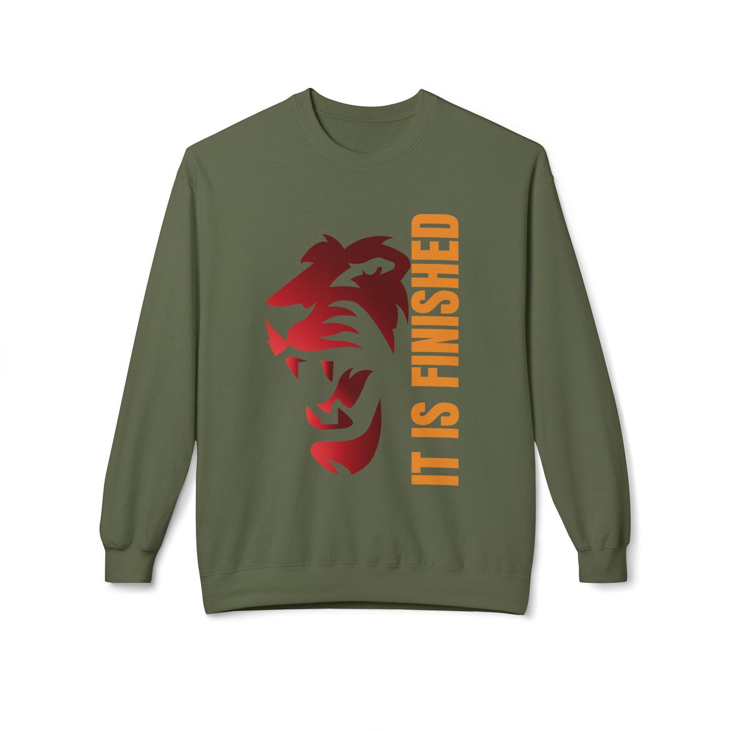 Tiger Face Crewneck Sweatshirt — Bold 'It Is Finished' Vertical Text